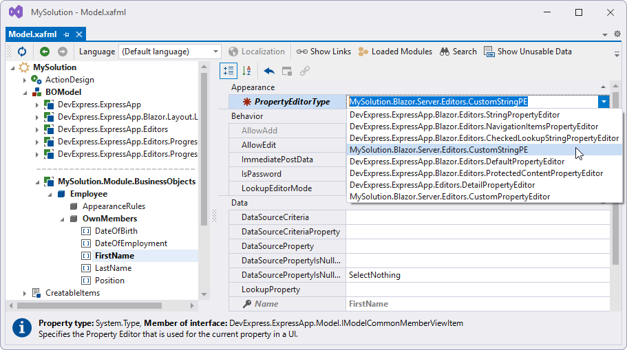 PropertyEditorType property in the Model Editor