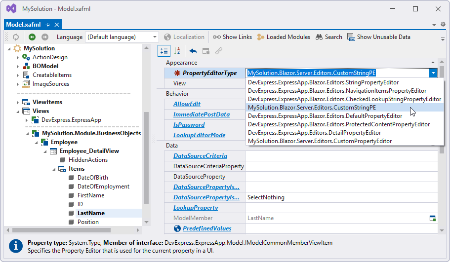 PropertyEditorType property in the Model Editor