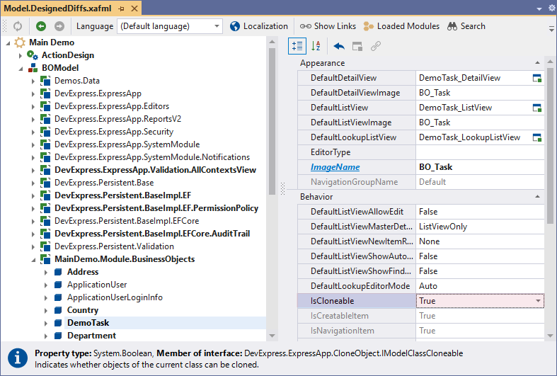 XAF IsClonable Property in Model Editor, DevExpress