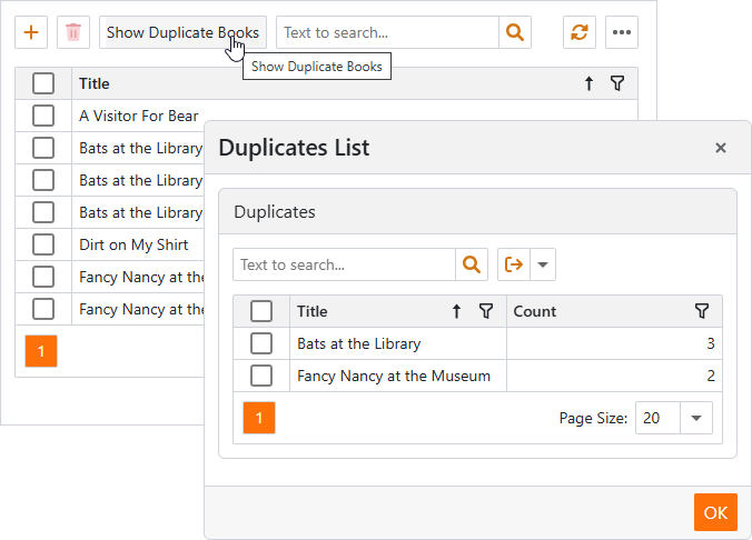 Book duplicates in a dialog popup