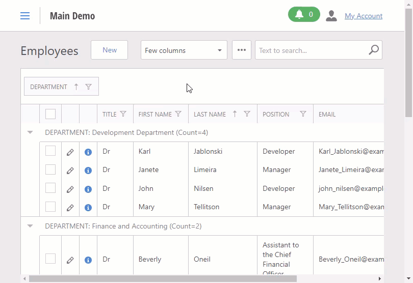 XAF ASP.NET Core Blazor PopupWindowShowAction in the Employee List View Grid, DevExpress