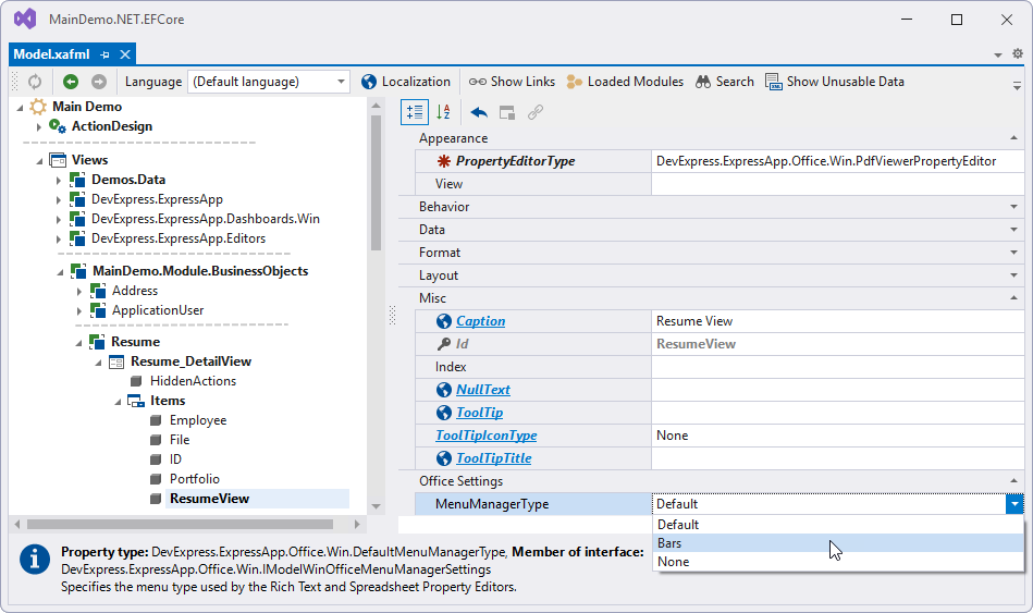 Menu Type Setup in Model Editor, DevExpress