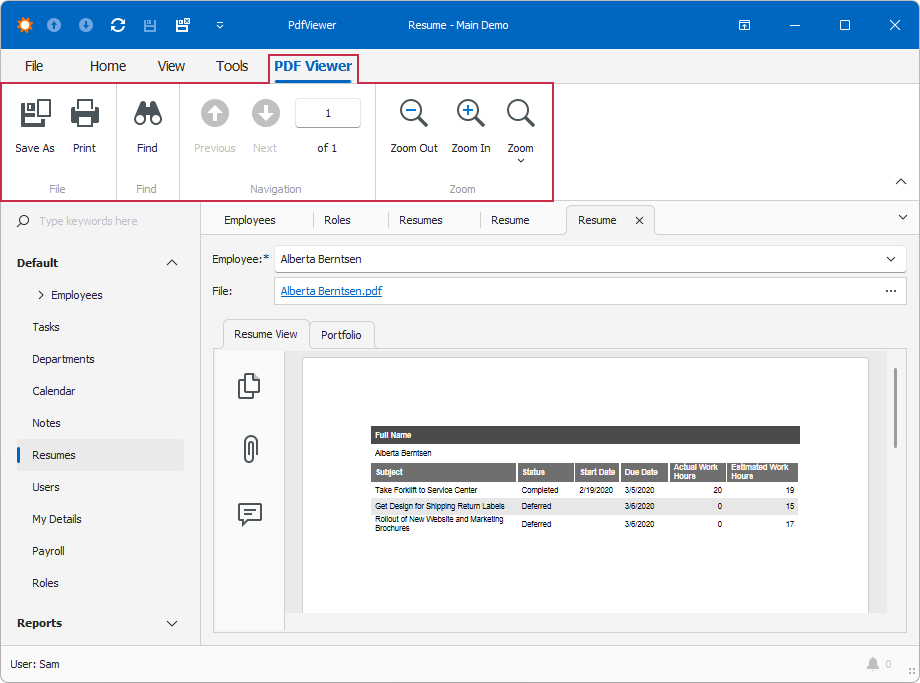 PDF Viewer ribbon menu merged into the main form's ribbon (`MenuManagerType = Default` and `FormStyle = Ribbon`)