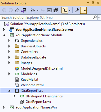 XtraReport1 Item in the Solution Explorer, DevExpress