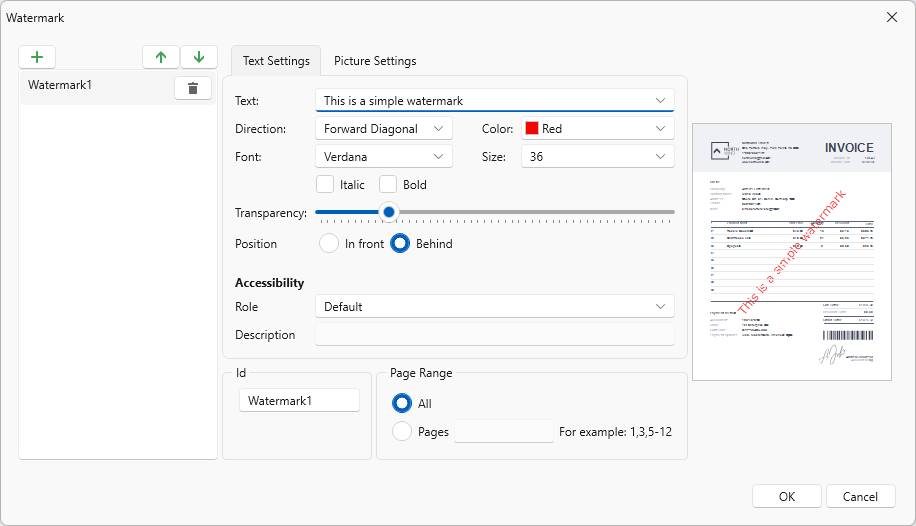 Text watermark settings dialog