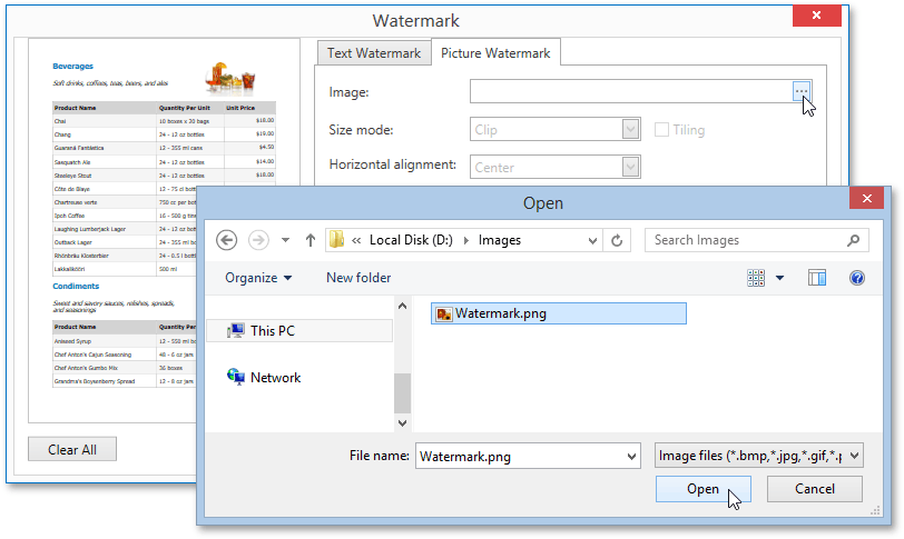 Image watermark settings dialog