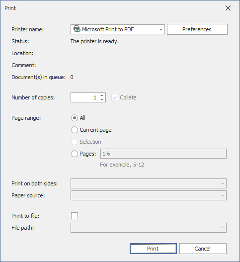 Print dialog window