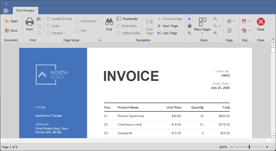 Print Preview with ribbon toolbar