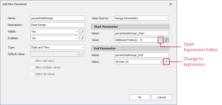 The "Add new parameter" dialog for a range parameter - Expression