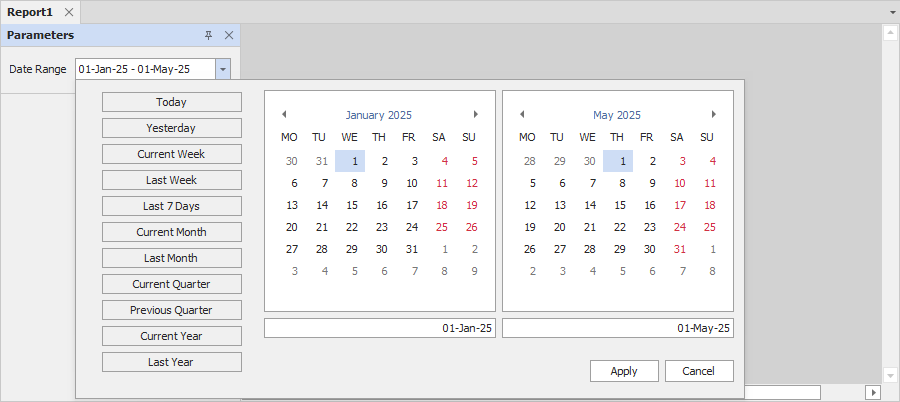 A date range parameter's editor in Preview