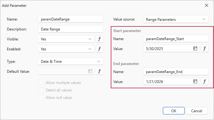 The "Add new parameter" dialog for a range parameter