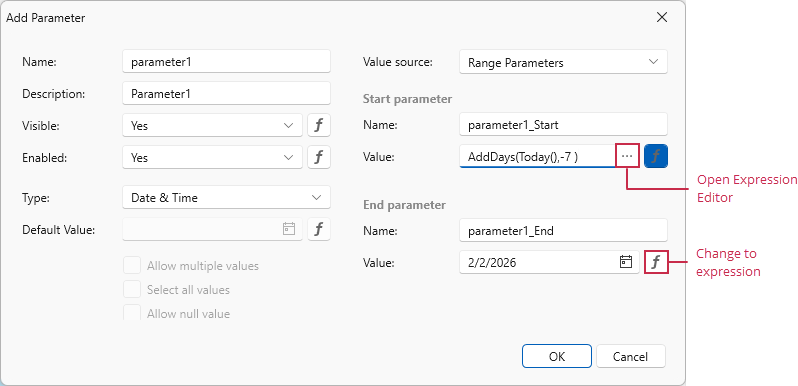 The "Add new parameter" dialog for a range parameter - Expression