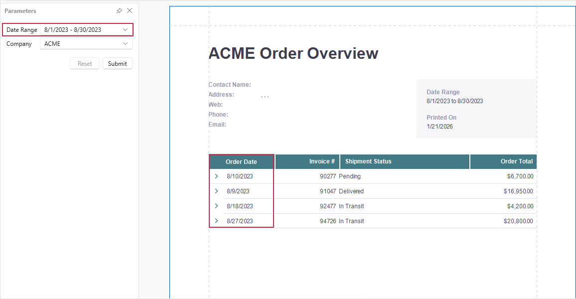The report data is filtered by the date range