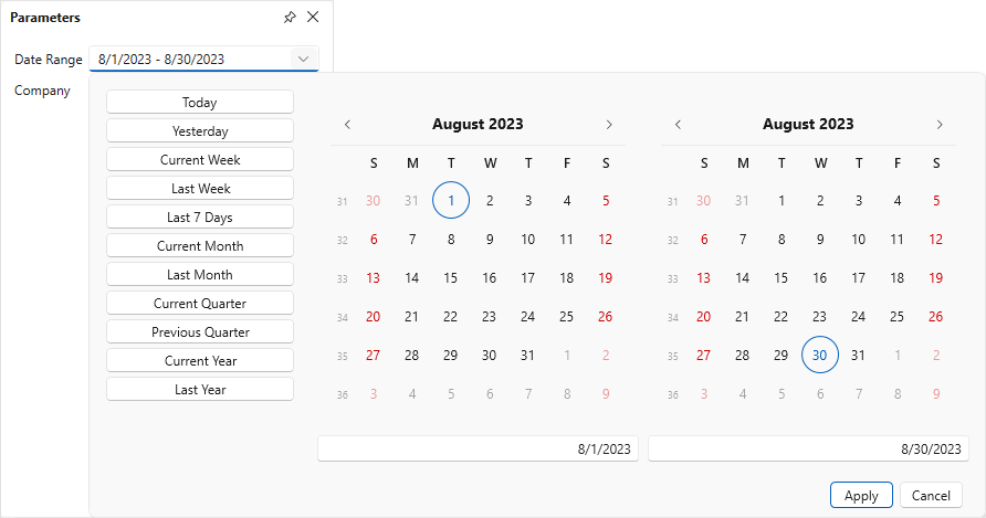 A date range parameter's editor on Print Preview.