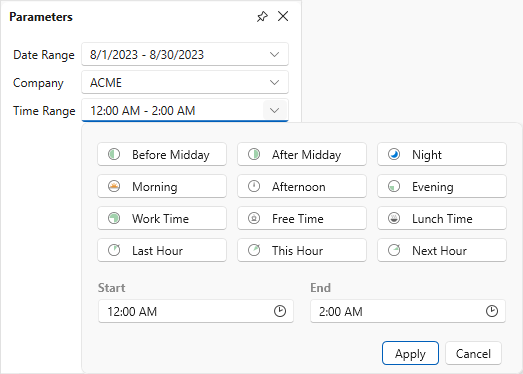 A time range parameter's editor on Print Preview.