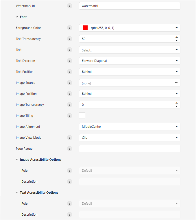 Watermark properties panel