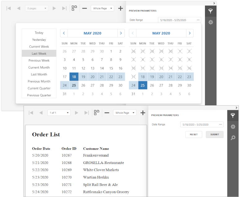 A date range parameter's editor in Preview