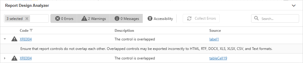 Report Design Analyzer panel