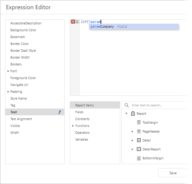 Reference report parameter in a control's expression