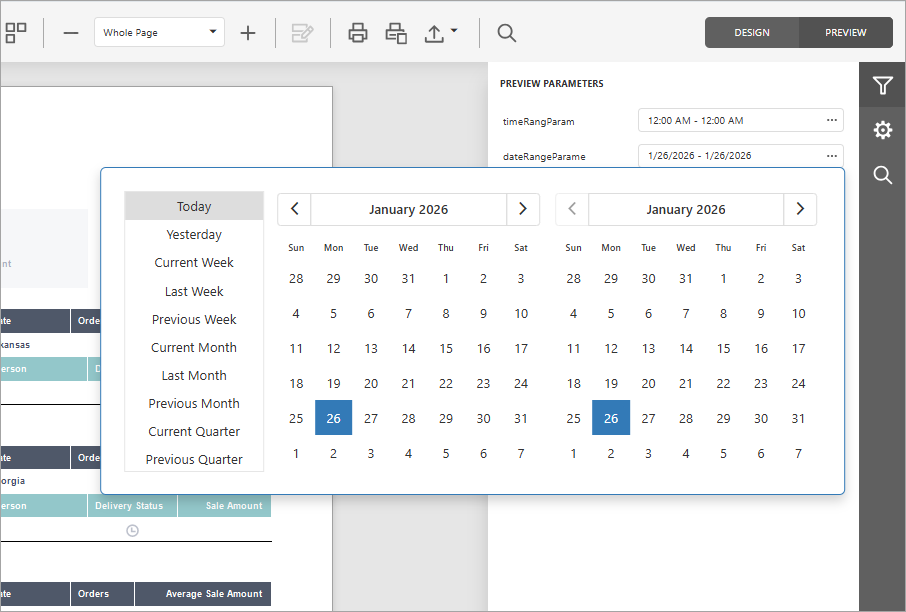 A date range parameter's editor in Preview