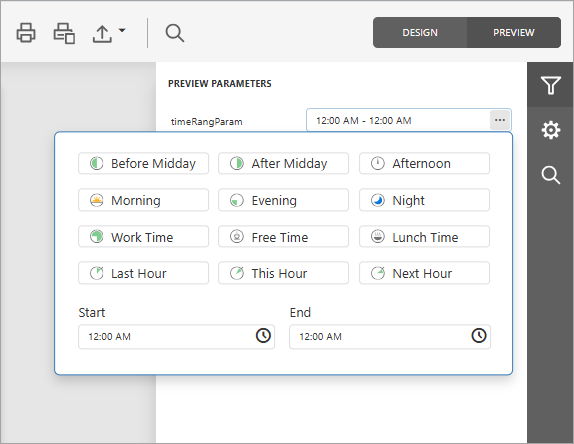 A time range parameter's editor in Preview